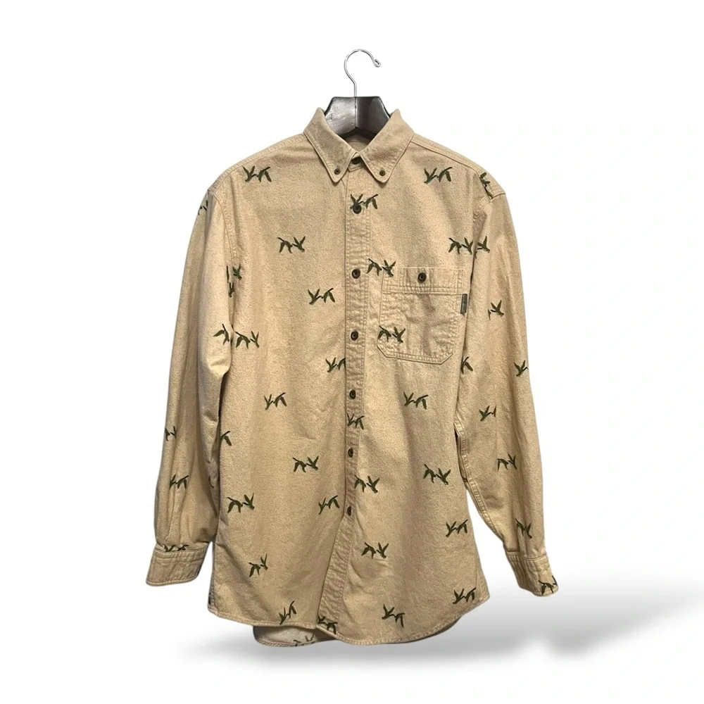 Woolrich Tan Button-Up Shirt with Green Pattern, Large